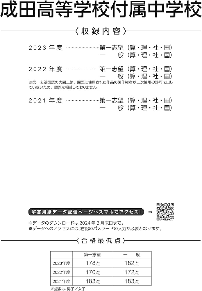 成田高等学校付属中学校 2024年度版 【過去問3年分】( 中学別入試過去