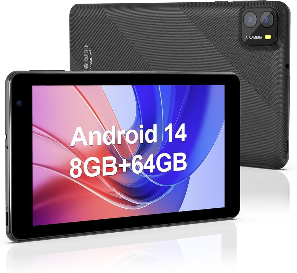 Tablets Android 14 de 7 polegadas, 8 GB de RAM, 64 GB de ROM