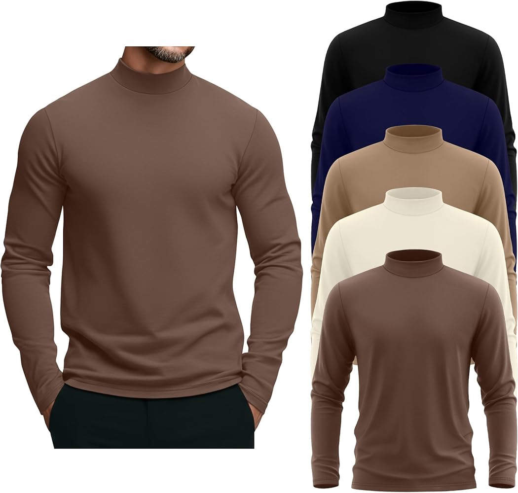 August Alley 5 Pack Men's Mock Turtleneck Shirts, Long Sleeve Tops