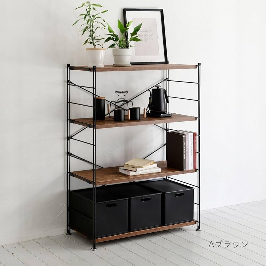 Amazon｜[山善] ウッドシェルフ 収納ラック 木製棚板 4段 幅85.5×奥行