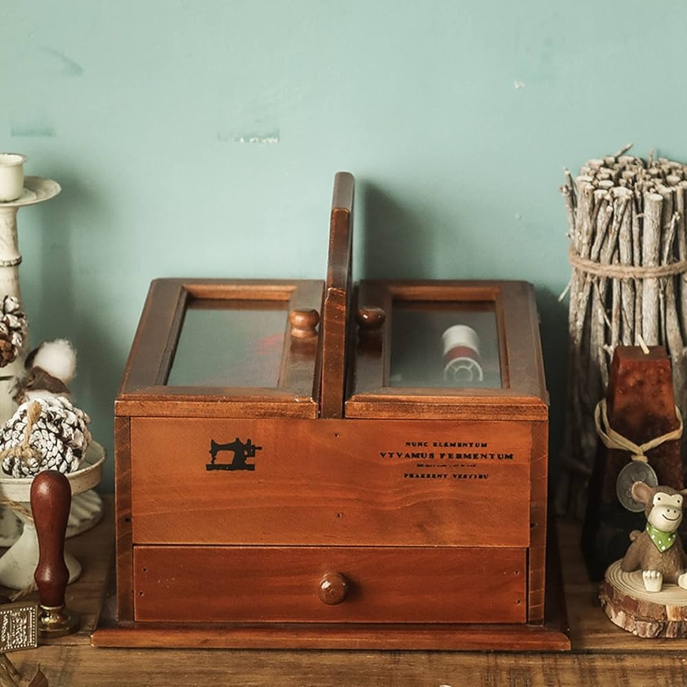 Amazon.co.jp: 薬箱 薬入れ 裁縫箱 木製 2層 グラス ジュエリー収納