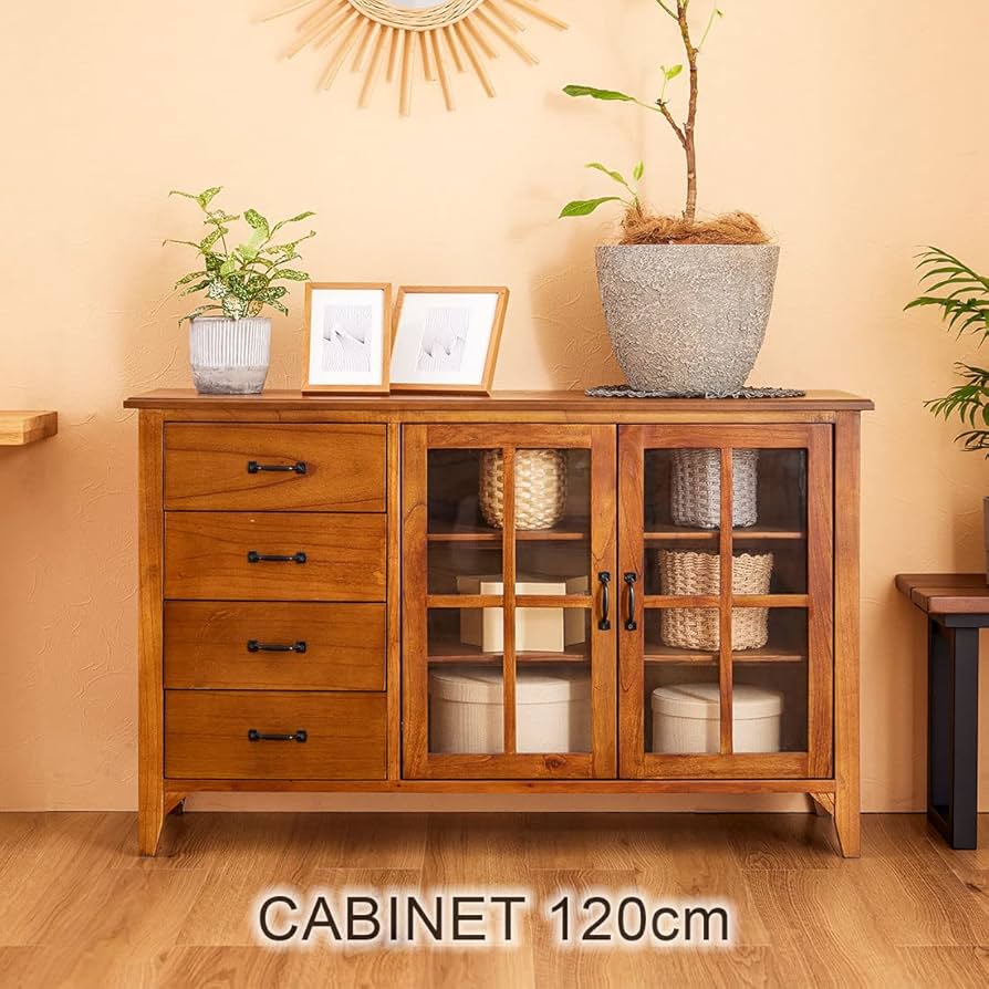 Amazon｜キャビネット 120 完成品 食器棚 収納 天然木 無垢材 木製