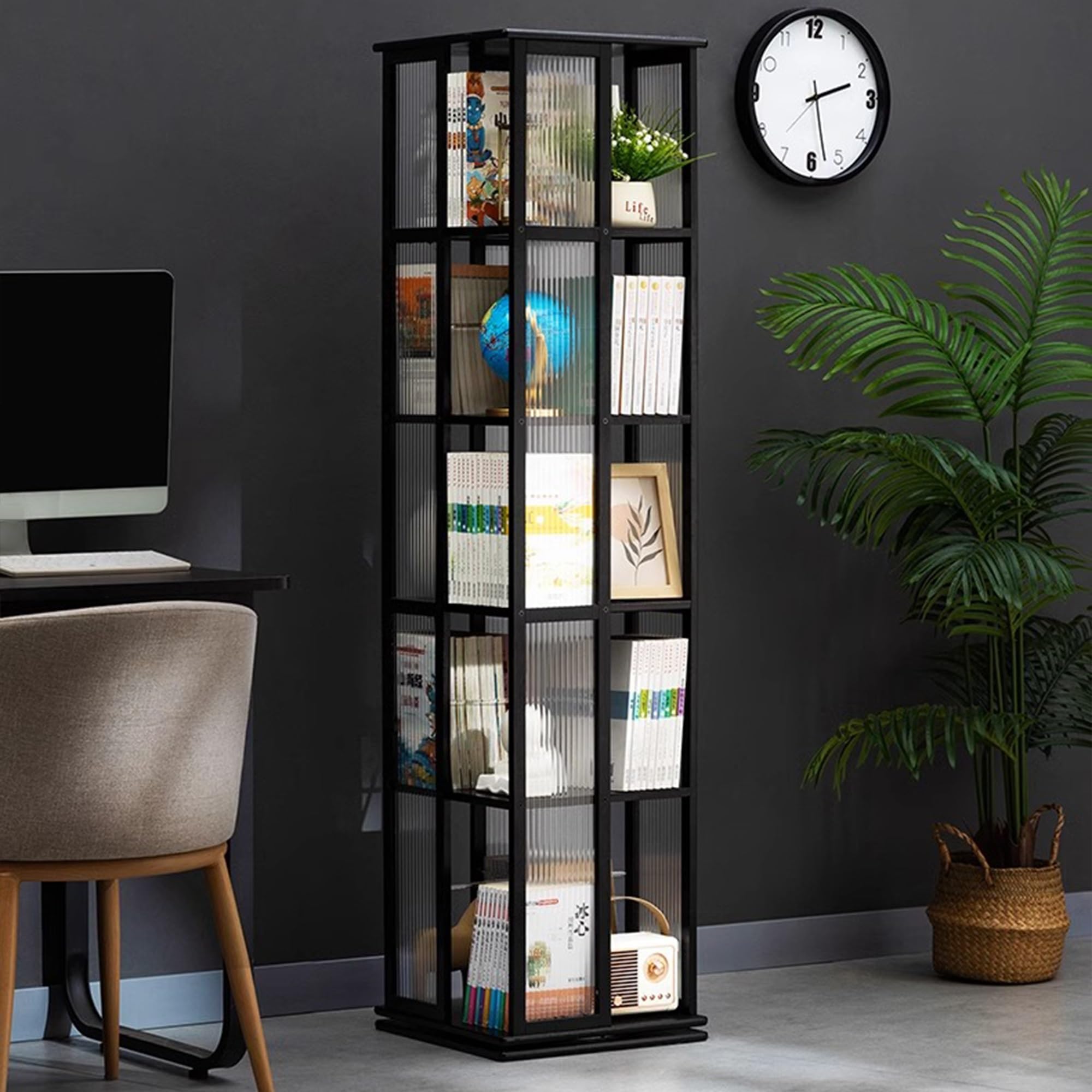 Amazon｜MAAOBR 本棚 回転式本棚 5/6段 大容量 竹製 回転式書棚 透明