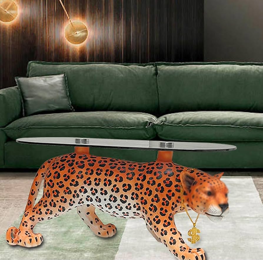 Amazon.co.jp: ヒョウ柄コーヒーテーブル楕円形ガラス付き現代強化