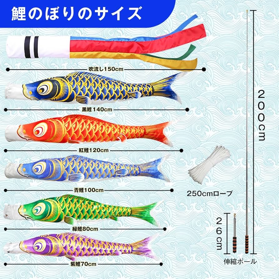 Amazon | 鯉のぼり こいのぼり 1.5mフルセッ 金箔 ベランダ用 鯉5匹 2m