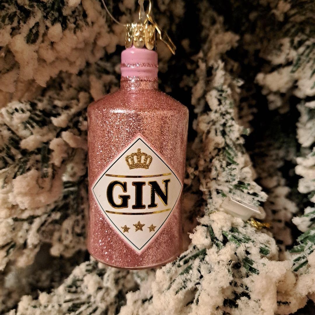 ガラス製のピンクジンボトルクリスマスオーナメント 🍄