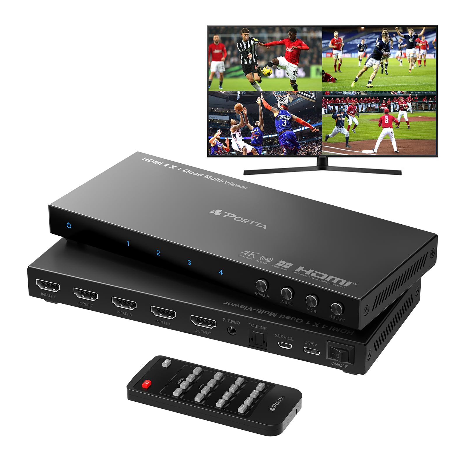4K HDMI Multiviewer Switch 4x1 with PIP, PORTTA Quad Multi Viewer