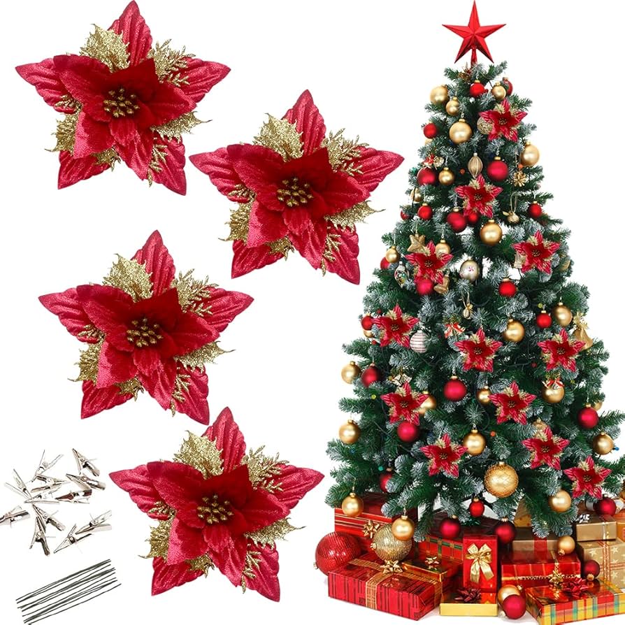 Amazon｜クリスマス ポインセチア 花 クリップと茎付き キラキラ