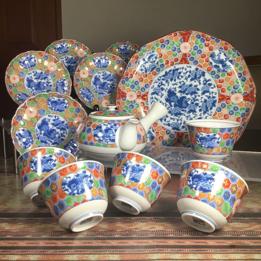 庫山窯 『金彩獅子牡丹』 小皿 お茶茶碗 5組 急須 大皿