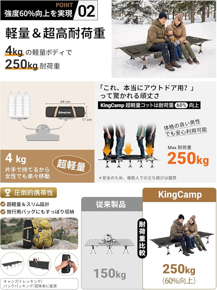 Amazon | KingCamp キャンプ コット 折りたたみベッド ワイド 高耐荷重