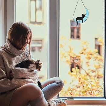 Amazon.co.jp: ステンドグラス 猫 月 装飾 ハンドメイド スリーピング