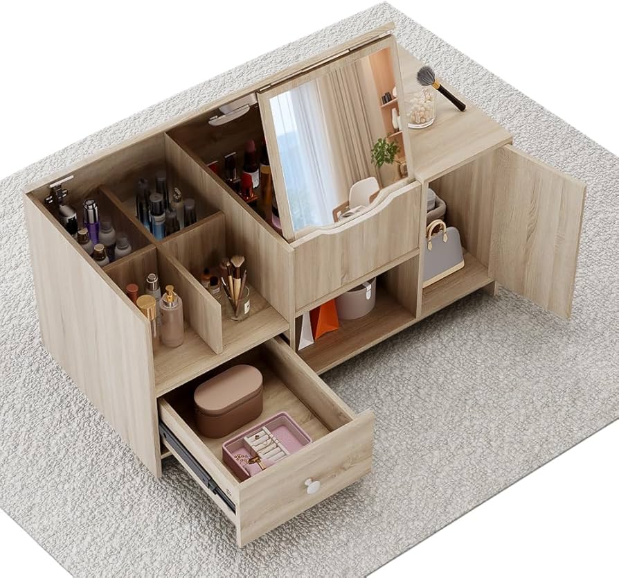 Amazon｜ドレッサー ローテーブル コンパクト 1台3役 鏡台 コスメ収納