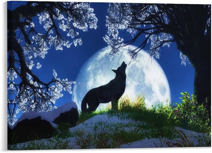 Amazon.co.jp: 絵画 満月の狼の遠吠えインテリア 絵画 動植物の自然