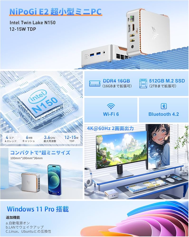 Amazon.co.jp: NiPoGi ミニpc Intel N150初登場 16GB 512GB SSD 2TB