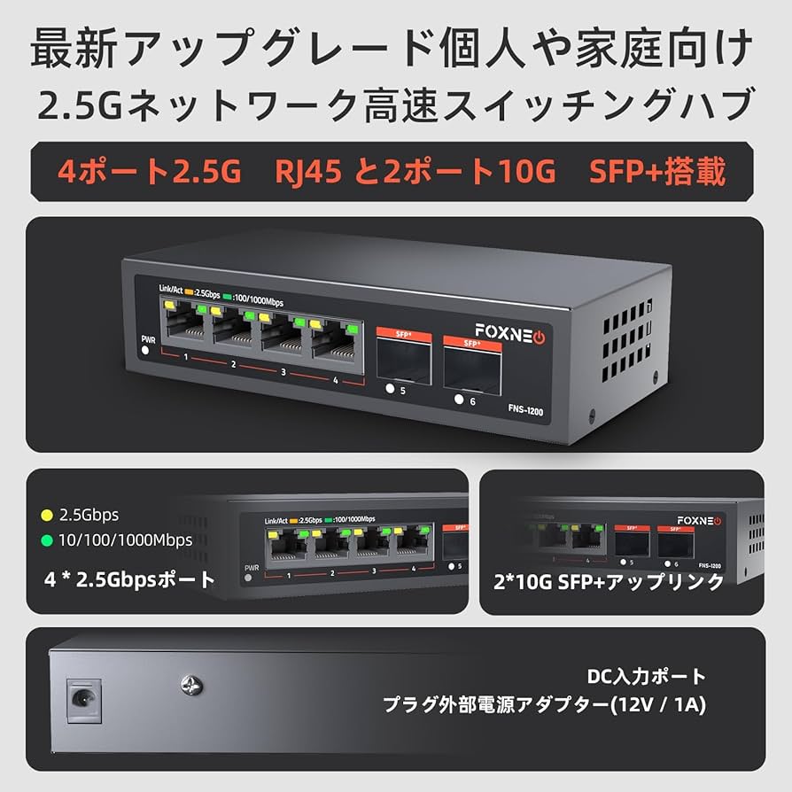 Amazon.co.jp: FOXNEO 2.5gbps スイッチングハブ 6ポート（4x2.5G RJ45
