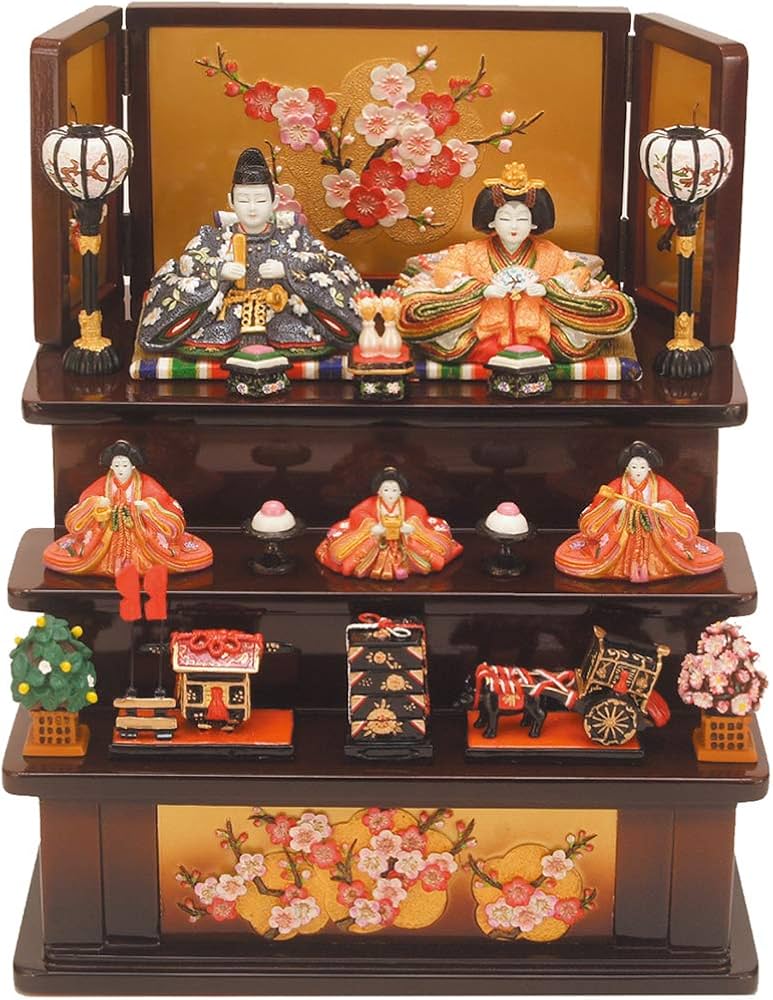 Amazon | 雛人形 ミニ ひな人形 3段飾り飛鳳中雛 木製三段飾り 茶