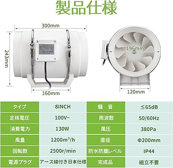 Amazon.co.jp: BreeRainz ダクトファン Φ200mm ダクト用換気扇 1200m³