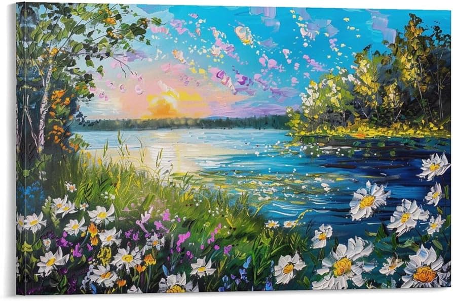 Amazon.co.jp: 絵画 湖畔の木々や野生の花々 アートパネル ポスター