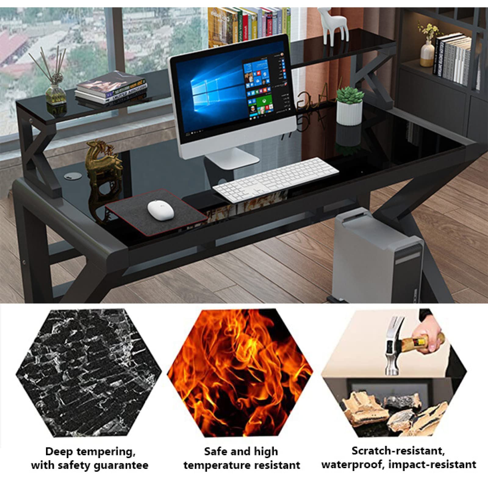 Amazon | コンピューターデスク、本棚付きホームオフィスデスク、強化