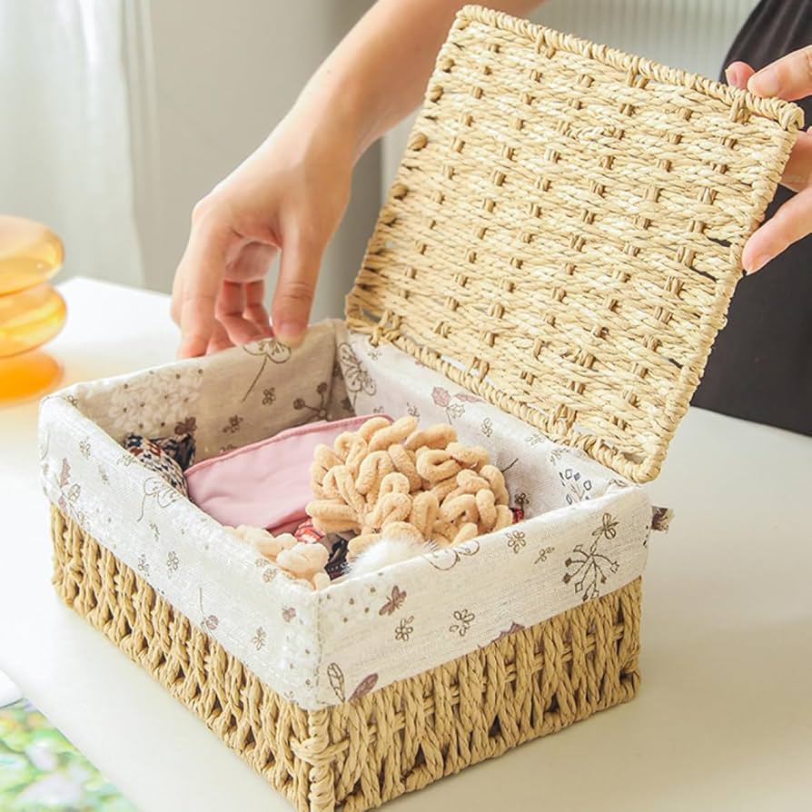 Amazon｜NJNEW ラタンバスケット 蓋付き 籐かご 小物入れ ラタン