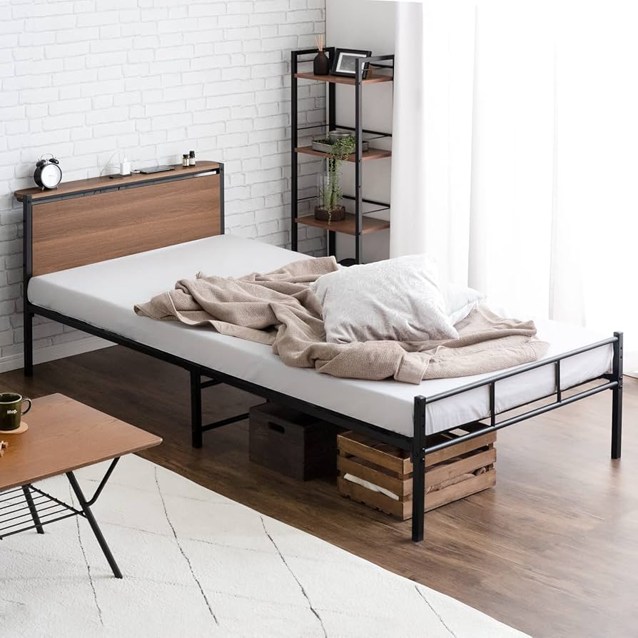 Amazon｜タンスのゲン ベッドフレーム シングル スチール 木目調