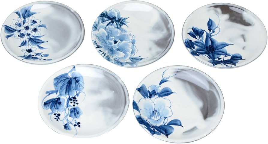 Amazon.co.jp: 京焼 清水焼 陶あん窯 4寸皿 揃 (5点セット) 染付草花