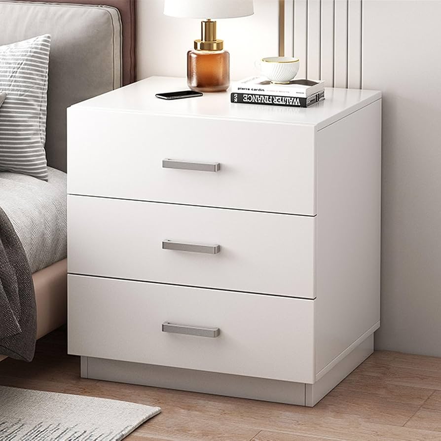 Amazon｜ホワイト サイドテーブル 引き出し 3 つ付き、モダン ホワイト