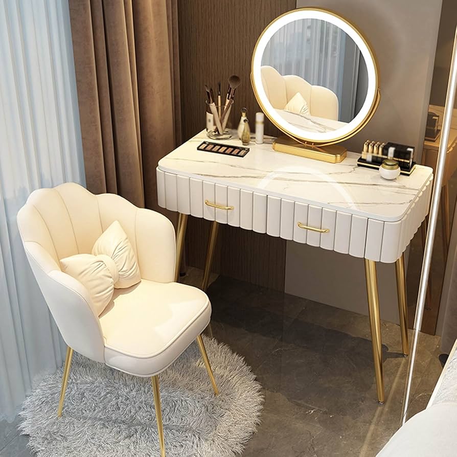 Amazon｜大型化粧台現代的 鏡台セットクッション付き腰掛けと引き出し2