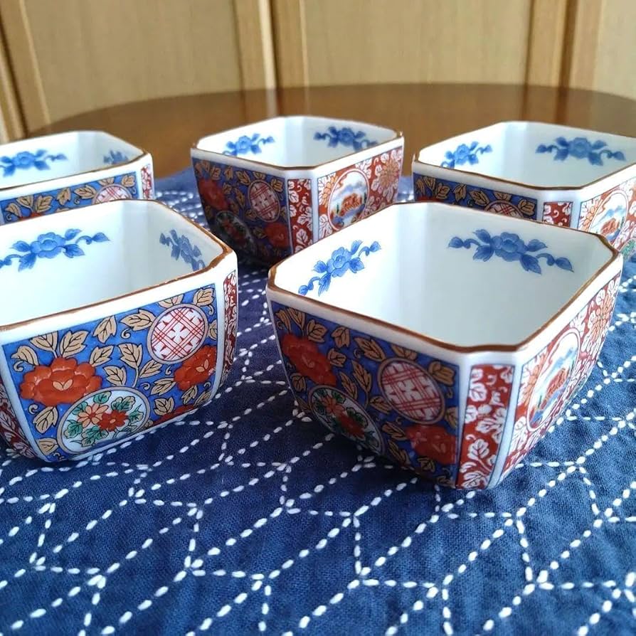 三洋陶器 龍峰窯 つみき 赤絵 染付山水 中鉢揃 5枚セット 小鉢 古