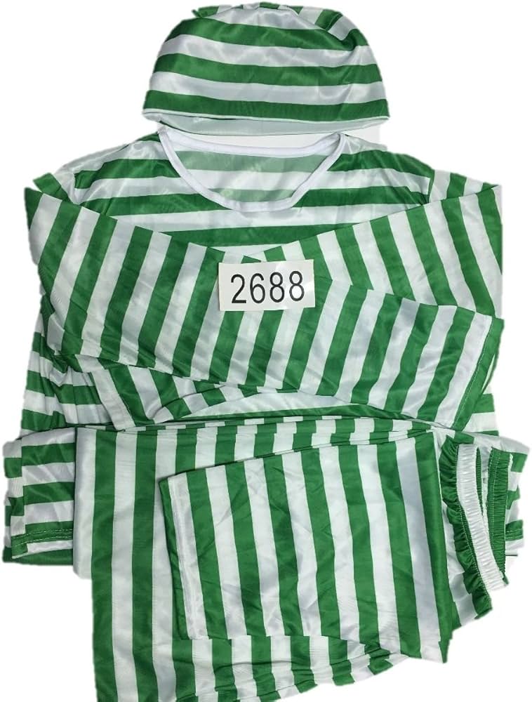 Amazon.co.jp: (lockon) 囚人服 黒 赤 緑 帽子 大きな 手錠 付き 男女