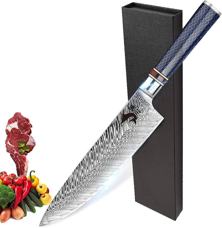 67層鏡面ダマスカスV金10号和牛刀240mm モダンマーブルレジン銀巻柄