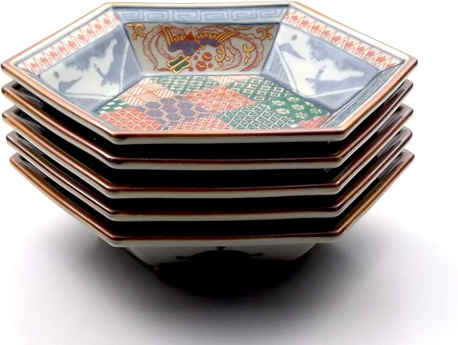 Amazon | 林九郎窯 古伊万里風 染錦地紋山水 六角和皿5枚組 波佐見焼