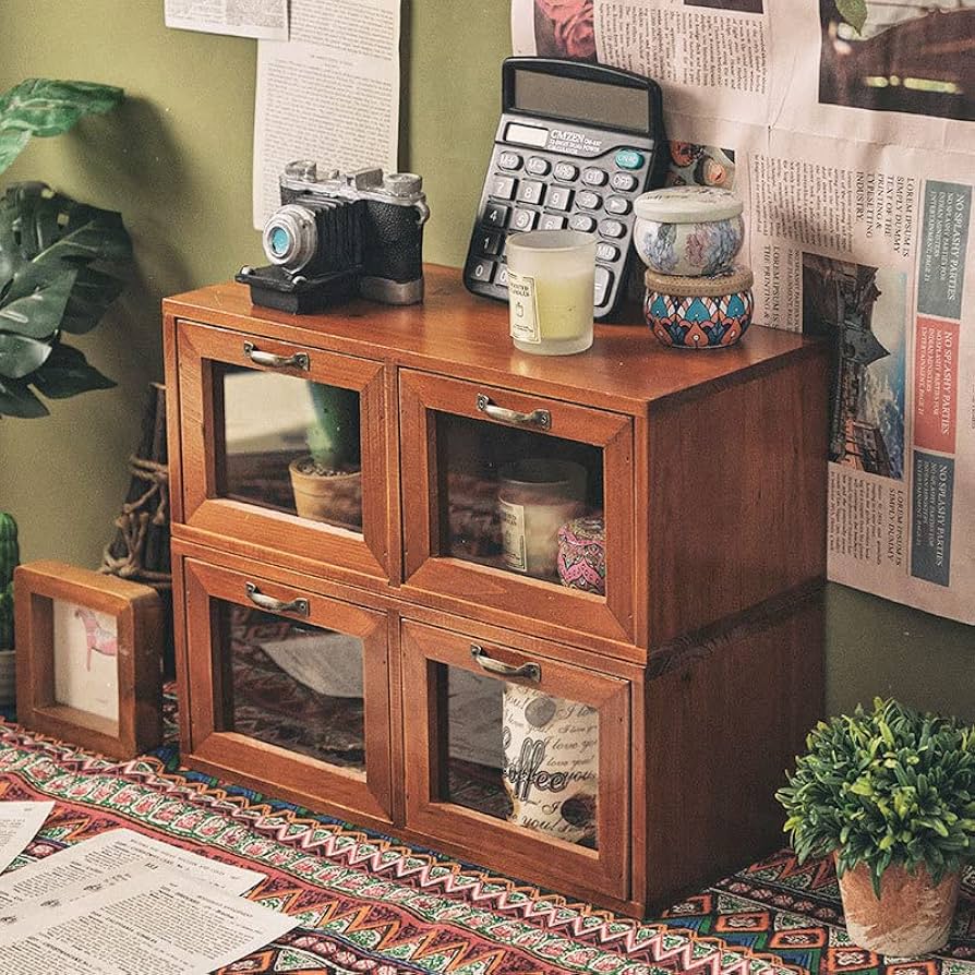 Amazon｜収納キャビネット レトロ風 北欧風 卓上収納ボックス 引き出し