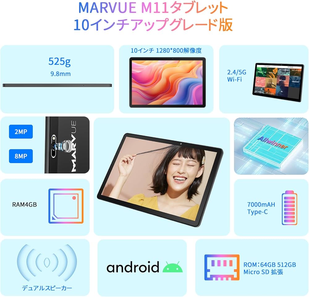 Amazon.co.jp: 【Android11】タブレット 10インチ wi-fiモデル MARVUE