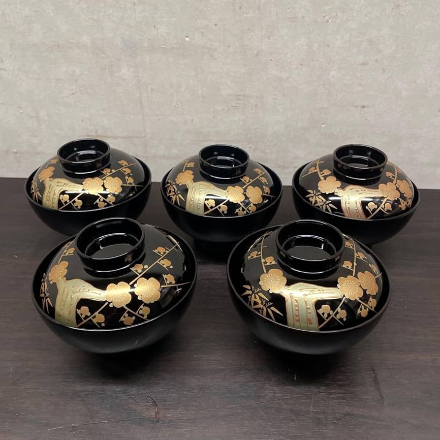 Amazon.co.jp: 輪島塗 天然木 蓋付き汁椀 5客セット 能登 輪島 漆匠