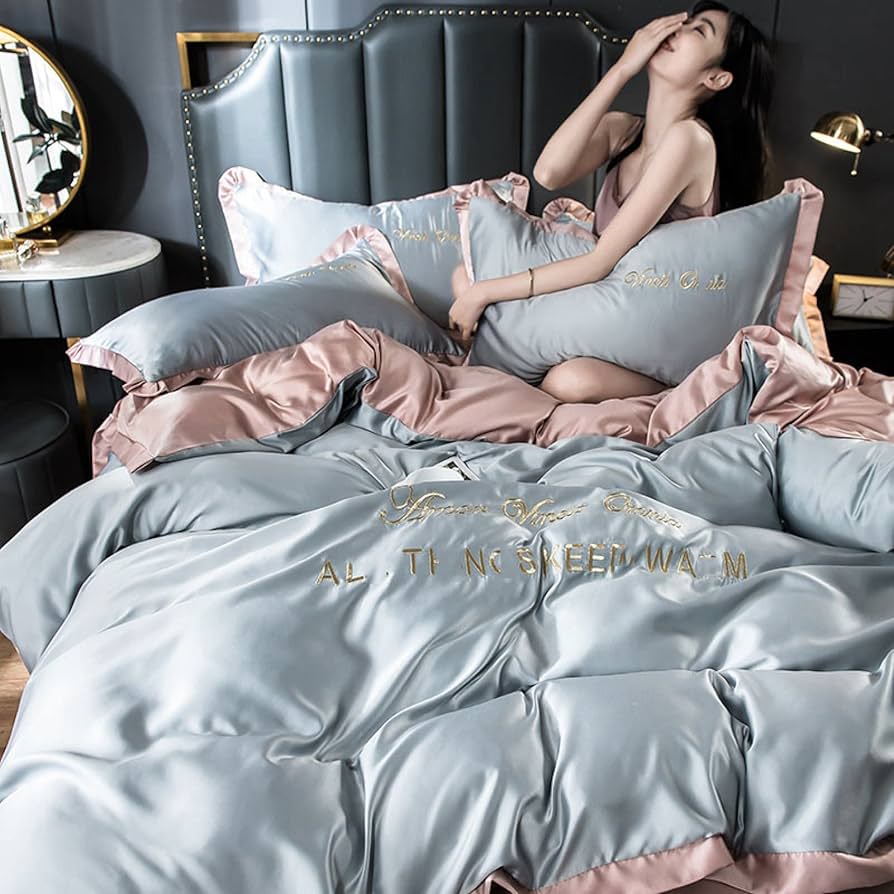 Amazon.co.jp: シルクのベッドシーツダブルブルー,枕,サテンシルク布団