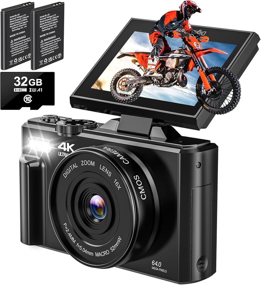 Amazon | Sinexe UHD付き4Kデジタルカメラ、64MPの写真撮影用オート