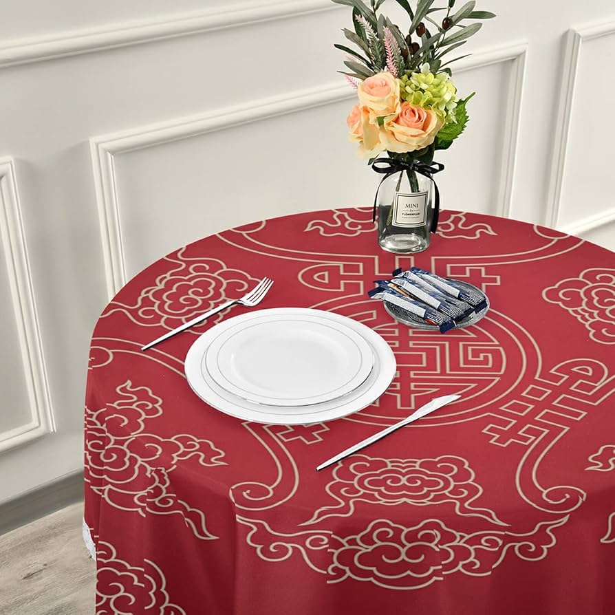 Amazon｜テーブルクロス 円形 中国風 中華風 赤 レッド テーブルマット