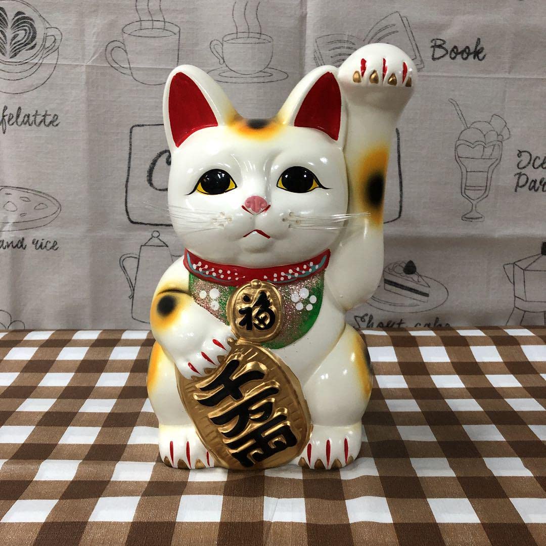 Amazon.co.jp: 招き猫 白猫 8号 左手招き 陶器製 置物 金運アップ 開運