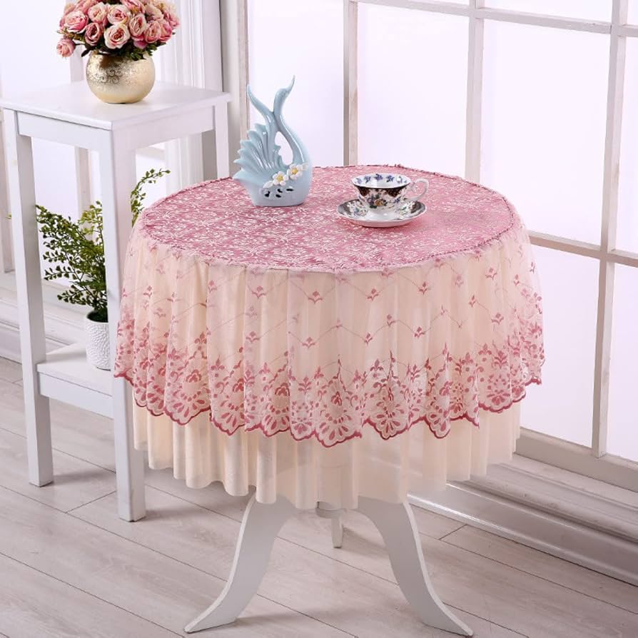 Amazon｜テーブルクロス 円形 可愛い ピンク 刺繍 レース 120CM*40h 花