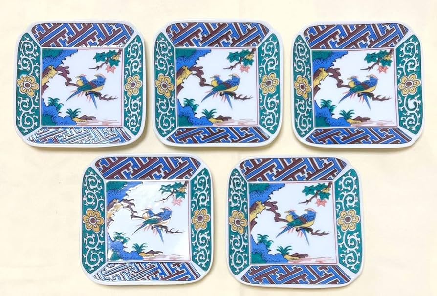 Amazon | 美術九谷焼 仙龍窯 色絵花鳥文 皿揃 角皿5枚 | ノーブランド