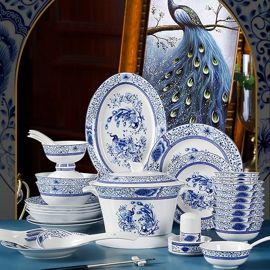 Amazon.co.jp: 伝統的な中国の食器セット、56 個の磁器青と白の磁器皿