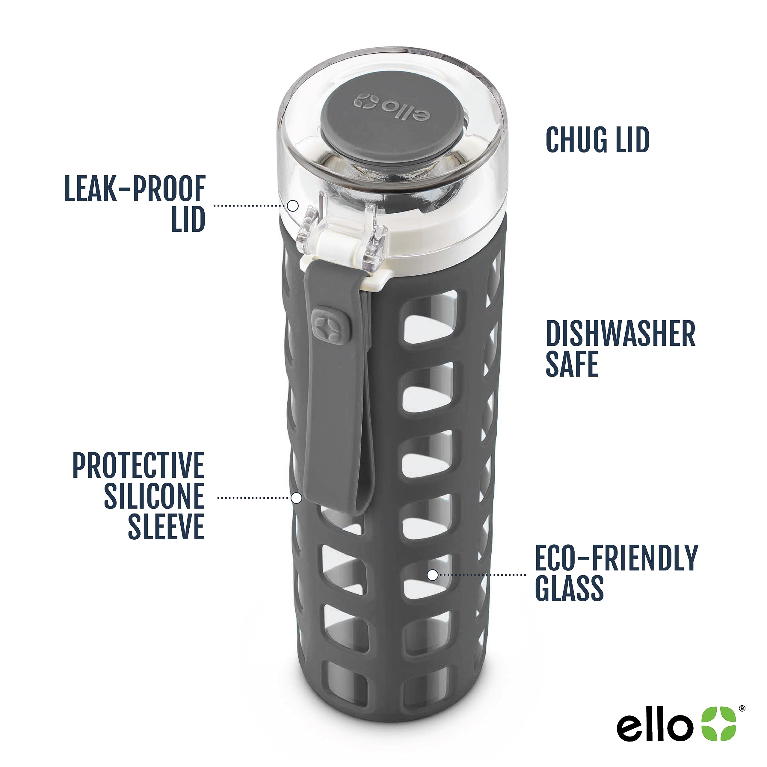 Ello Syndicate Glass Water Bottle with One-Touch Flip Lid, Grey