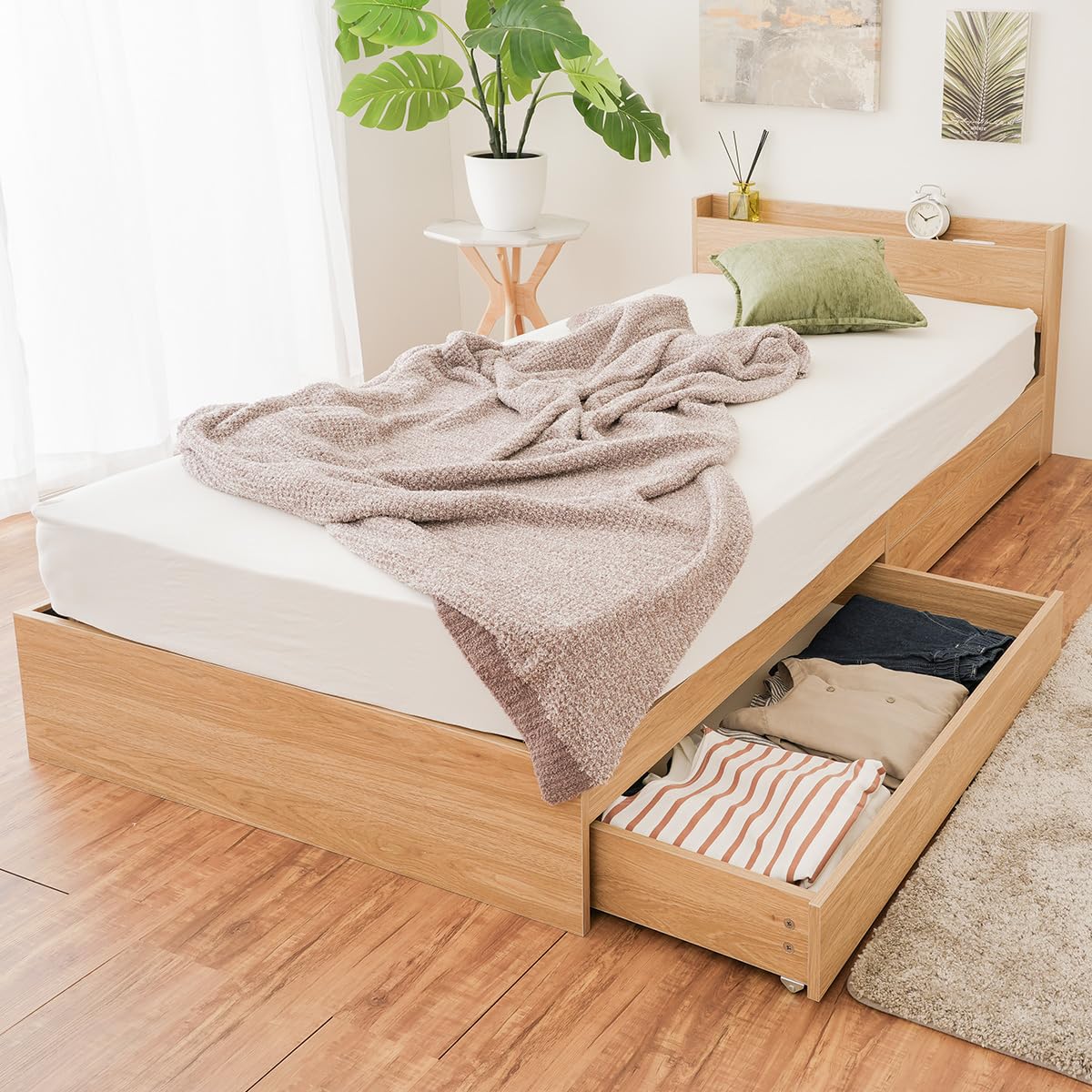 Amazon｜NEO CRASY 収納ベッド セミダブル ナチュラル 宮付き