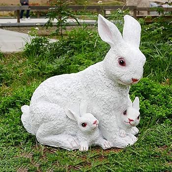 Amazon.co.jp: 白うさぎ彫刻樹脂バニー飾り母と赤ちゃんうさぎの置物庭