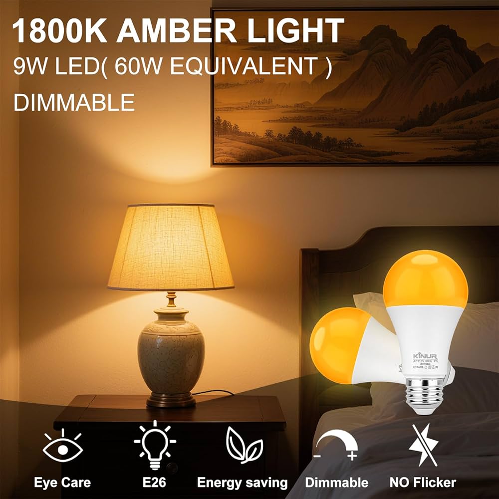 KINUR LED Amber Dimmable Light Bulbs, A19, 9W, 1800K, E26 Base