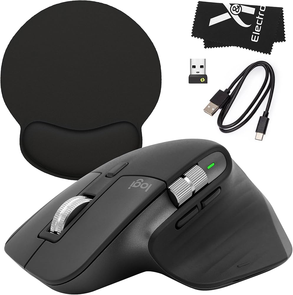 Mouse sem fio Logitech MX Master 3S com mouse preto e pano de