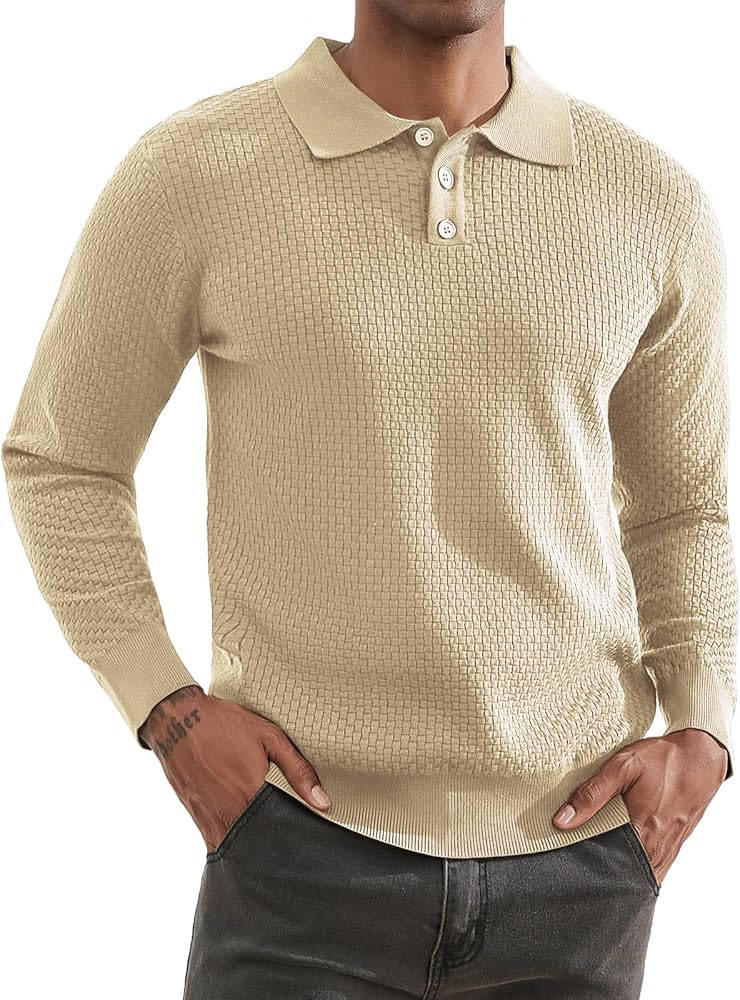 Thkzn Men's Waffle Sweater Knit Long Sleeve Polo Shirts Casual