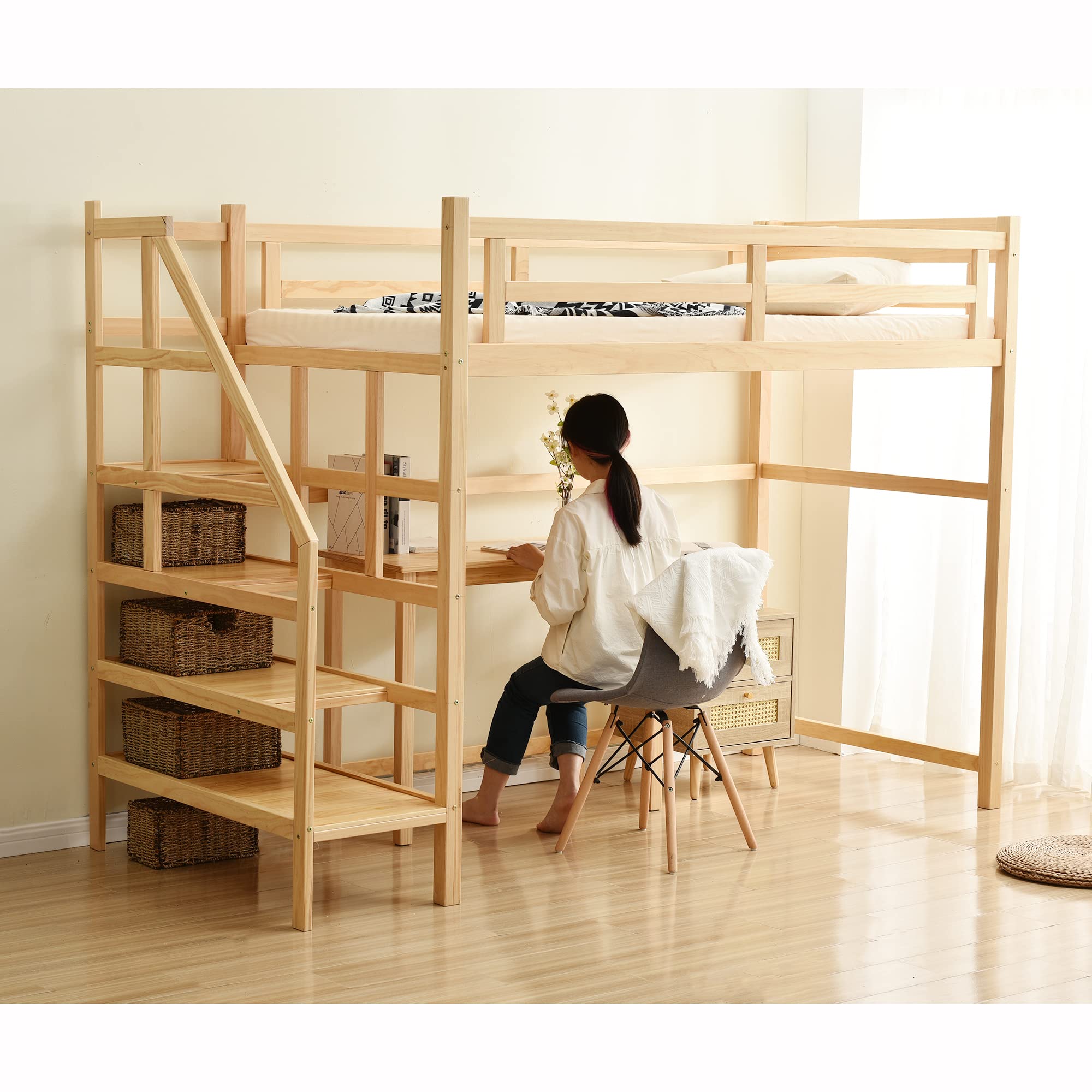 Amazon｜ロフトベッド 天然木 木製 2段ベッド 収納棚+階段+コンセント+