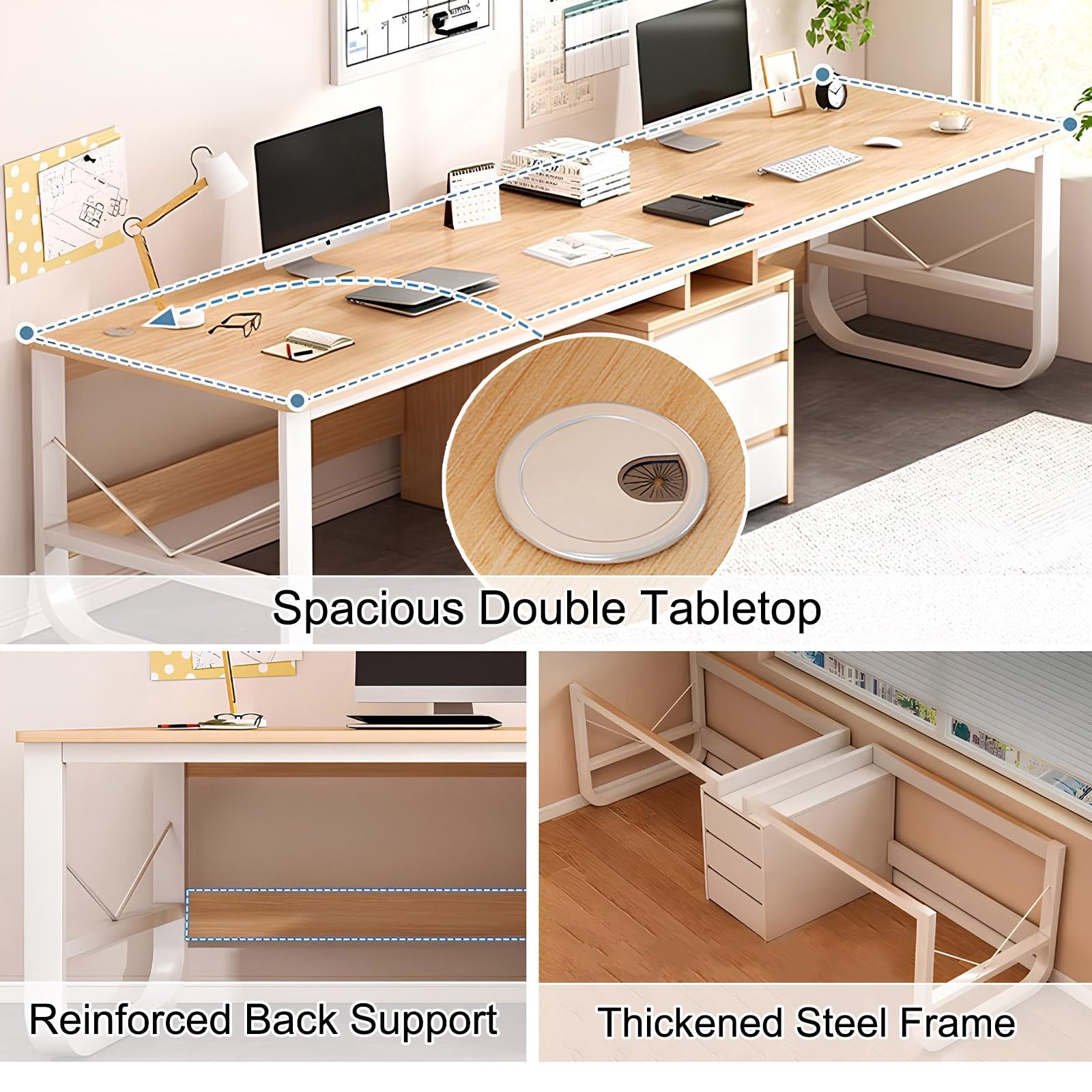 Amazon | 2人用オフィスデスク、引き出し3つ付き、大型木製ダブル